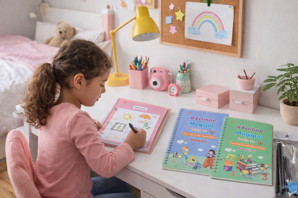Lot de 4 Cahiers d'écriture magiques pour enfants de 3 à 8 ans, réutilisable.