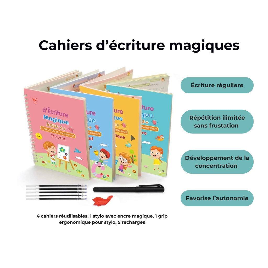 Cahier d'écriture magique français (lot de 4) pour enfants de 3 à 8 ans, réutilisable, avec stylo, pour la calligraphie.