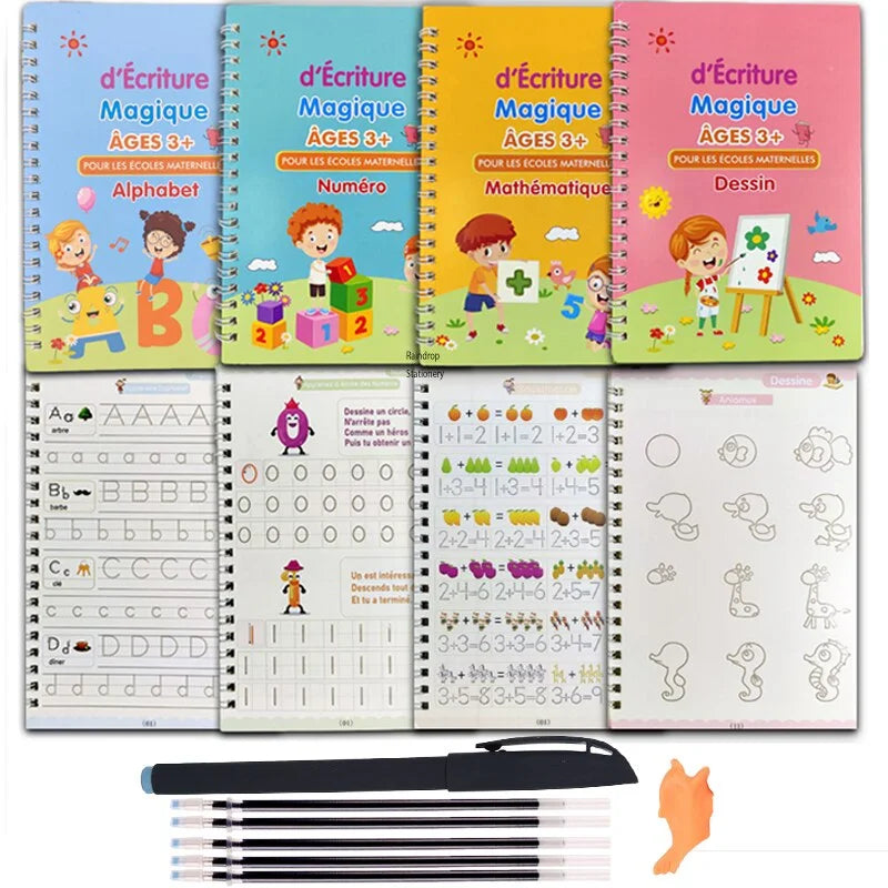 Cahier d'écriture magique français (lot de 4) pour enfants de 3 à 8 ans, réutilisable, avec stylo, pour la calligraphie.